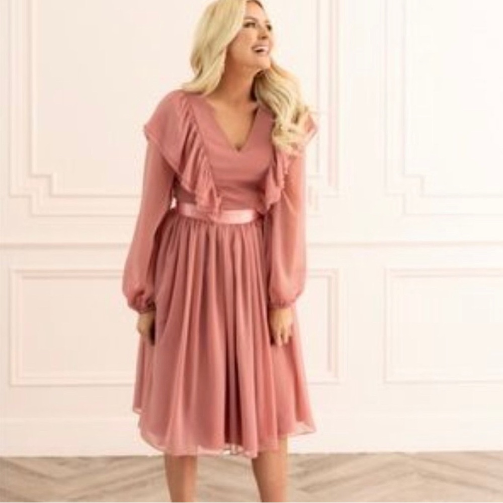 Rachel Parcell| Ruffle Twirl Long Sleeve V Neck Chiffon Flounce Pink Dress Small